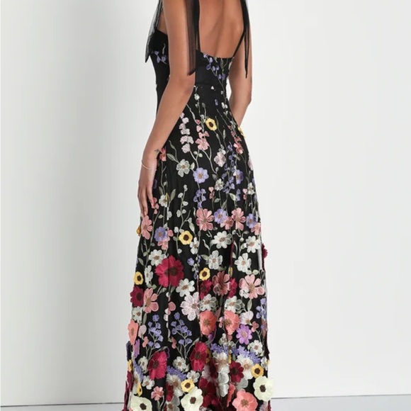 Thriving Poise Black 3D Floral Embroidered Tie-Strap Maxi Dress - Picture 3 of 5